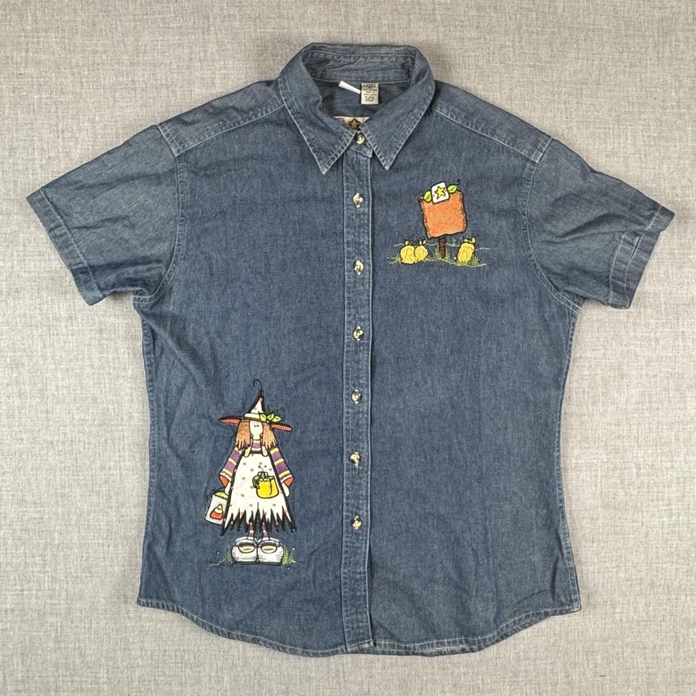 Halloween Denim Shirt Womens Medium Blue Embroidered Pumpkin Patch Witch